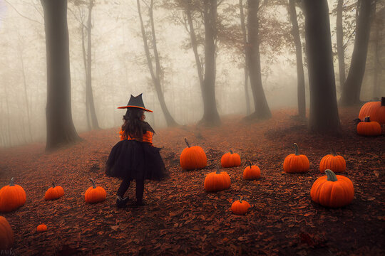 A girl in a witch costume on Halloween in a spooky forest with fog and pumpkins.