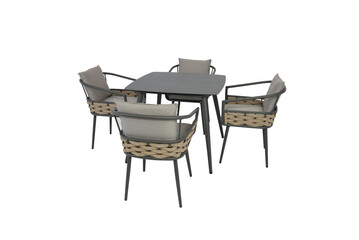  gray table made of metal and 4 chairs in yard and garden, white background
