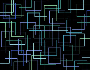 Neon thin squares in cool colours on a black background.