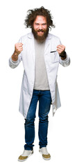 Crazy scientist with funny long hair celebrating surprised and amazed for success with arms raised...