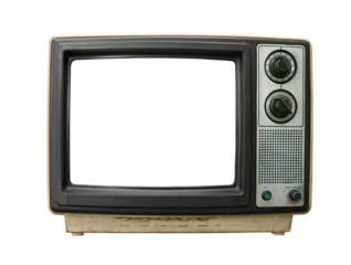 Beat up grungy old TV set isolated with cut out screen.