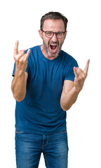 Handsome middle age hoary senior man wearin glasses over isolated background shouting with crazy expression doing rock symbol with hands up. Music star. Heavy concept.