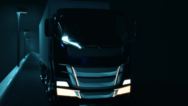 A truck drives through an illuminated tunnel at night. Freight car. Trucking.