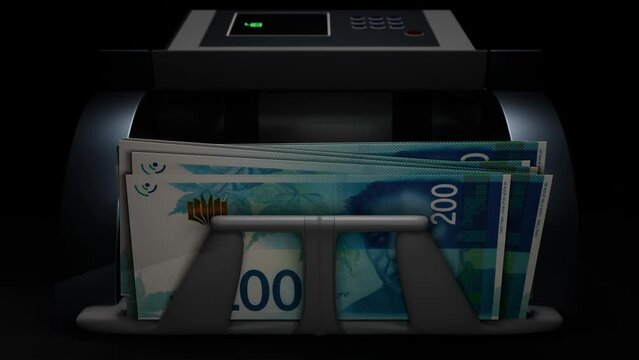 200 Israeli shekels in cash dispenser. Withdrawal of cash from an ATM. Financial transaction in the bank terminal. ILS.	