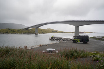 bridge connecting two islands in the fiords of Lofoten islands , Norway