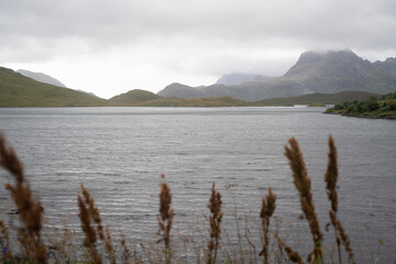 landscape view of the fiords and mountains in Lofoten islands, Norway