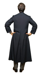 Middle age priest man wearing catholic robe standing backwards looking away with arms on body