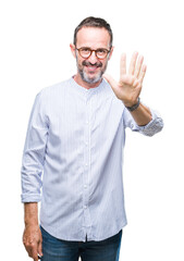 Middle age hoary senior man wearing glasses over isolated background showing and pointing up with fingers number five while smiling confident and happy.