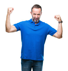 Middle age hoary senior man over isolated background showing arms muscles smiling proud. Fitness concept.