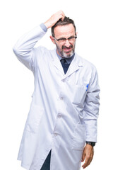 Middle age senior hoary professional man wearing white coat over isolated background confuse and wonder about question. Uncertain with doubt, thinking with hand on head. Pensive concept.