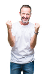 Middle age hoary senior man wearing white t-shirt over isolated background celebrating surprised and amazed for success with arms raised and open eyes. Winner concept.