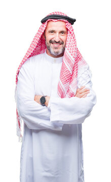 Senior arab man wearing keffiyeh over isolated background happy face smiling with crossed arms looking at the camera. Positive person.