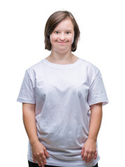 Fototapeta premium Young adult woman with down syndrome over isolated background with a happy and cool smile on face. Lucky person.