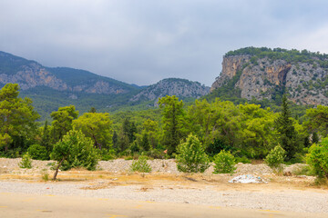 Turkish Taurus Mountains in the Kemer region of Antalya province. Background with copy space