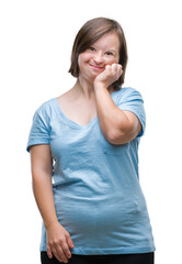 Young adult woman with down syndrome over isolated background looking stressed and nervous with hands on mouth biting nails. Anxiety problem.