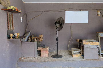 Workshop for the processing of natural stone. Background with selective focus