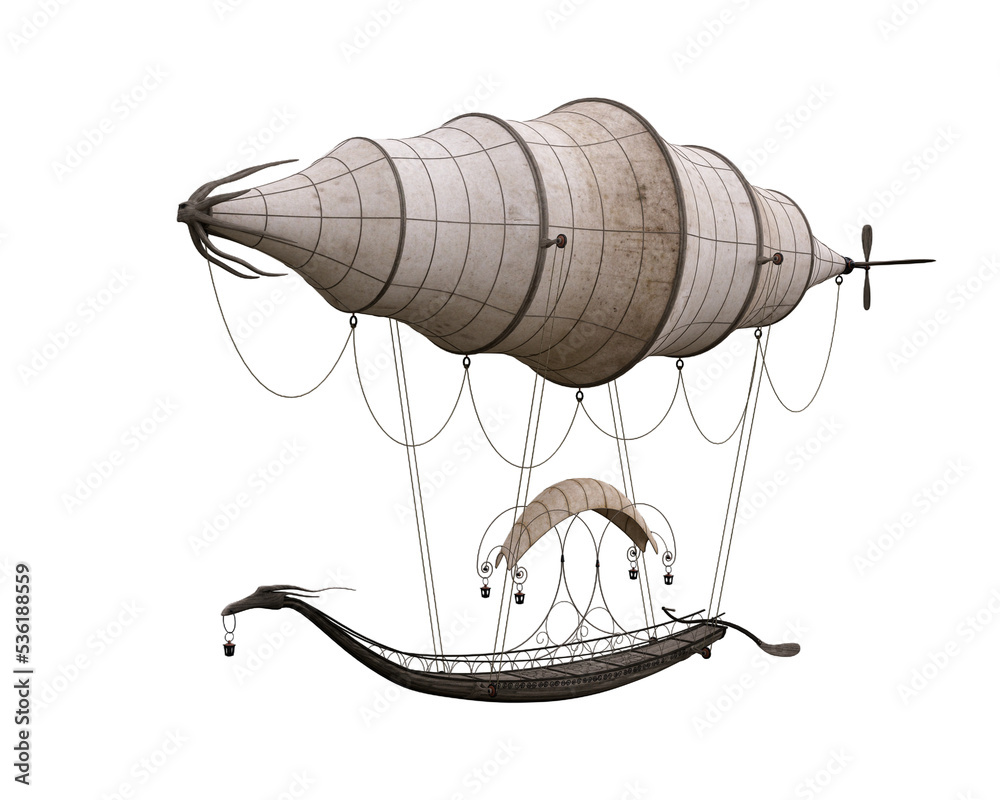 Poster fantasy elven gondola styled airship in flight. 3d rendering isolated.