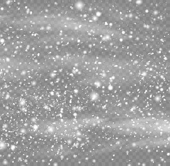 Many white cold flake elements. Magic Christmas eve snowfall. Xmas snowflakes in different shapes. Falling Christmas shining transparent beautiful snow wind with snowdrifts. Vector illustration