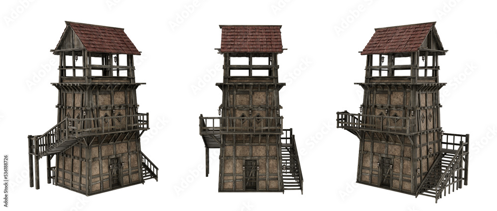 Poster medieval tower building with timber and stone construction. 3d illustration with 3 different angles 