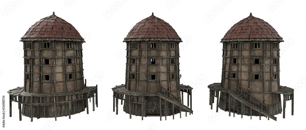 Poster Rounded medieval tower building with wooden frame and steps. 3D rendering from 3 angles.