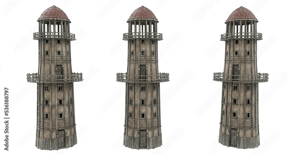 Poster medieval round watch tower with lookout balcony. 3d illustration with 3 different angles isolated.