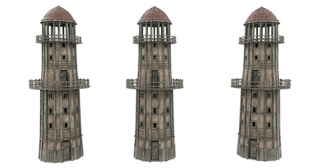 Medieval round watch tower with lookout balcony. 3D illustration with 3 different angles isolated.