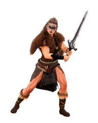 Barbarian female Viking warrior holding a sword in two hands in fighting pose. 3D illustration isolated.
