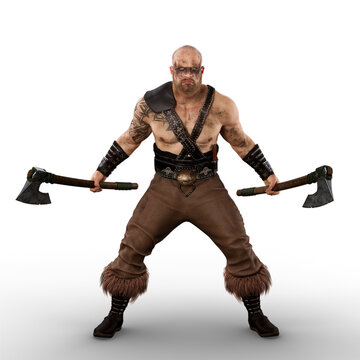 Fierce barbarian viking warrior man with tattoos and war paint standing with a bearded axe in each hand ready for battle. 3d rendering isolated.