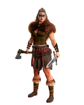 Tall strong Viking warrior woman in barbarian costume holding bearded axe and sword. 3D rendering isolated.