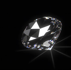 3D rendering illustration. Round cut diamond on black dark glossy background, rear light, shadow, caustics rays, illustration
