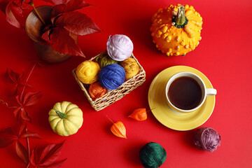 Autumn is the time for knitting: balls of colorful yarn among autumn foliage, a cup of tea, a ripe yellow pumpkin on a red background, top view