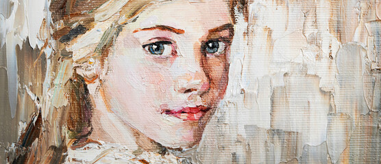Portrait of a young, dreamy girl with blond hair on a mysterious abstract background. Palette knife technique of oil painting and brush.