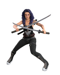 Young urban fantasy woman in torn black vest top and jeans standing in fighting pose with two katana swords. 3D illustration isolated.