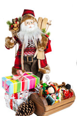 Portrait of Santa Claus with skis, toys and gifts. close-up. The toy  on white background.