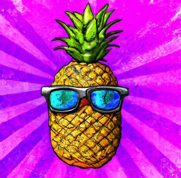 Poster with the image of a pineapple with a glasses. illustration.