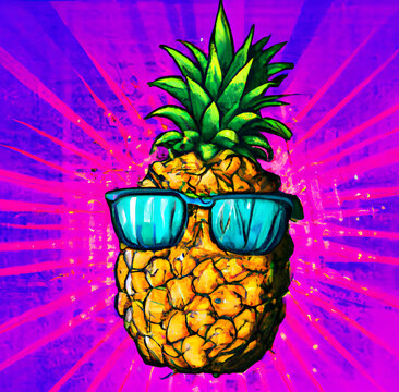 Poster with the image of a pineapple with a glasses. illustration.