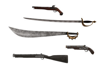 Collection of pirate weapons, swords and guns. 3D rendering isolated.