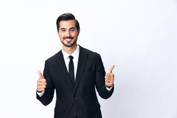 Portrait of man in expensive business suit smile with teeth happiness hands up thumbs up on white background isolated, copy place. Businessman startup technology