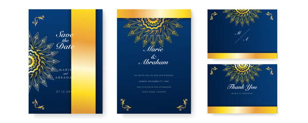 Fototapeta na wymiar Royal blue wedding invitation card design with golden mandala and abstract pattern