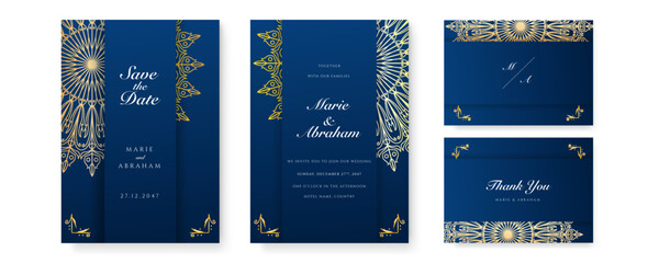 Fototapeta na wymiar Royal blue wedding invitation card design with golden mandala and abstract pattern