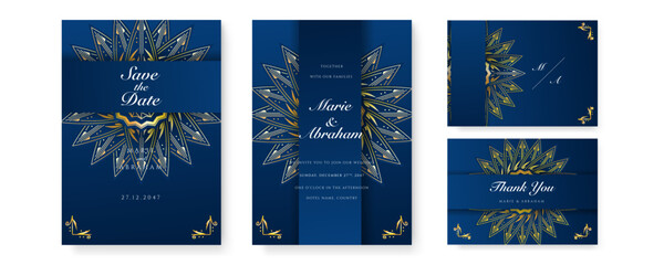 Obraz na płótnie Canvas Royal blue wedding invitation card design with golden mandala and abstract pattern
