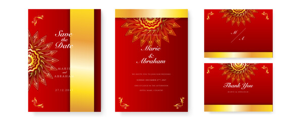 Royal red wedding invitation card design with golden mandala and abstract pattern