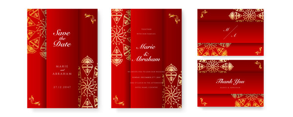 Royal red wedding invitation card design with golden mandala and abstract pattern