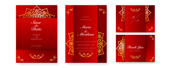 Royal red wedding invitation card design with golden mandala and abstract pattern