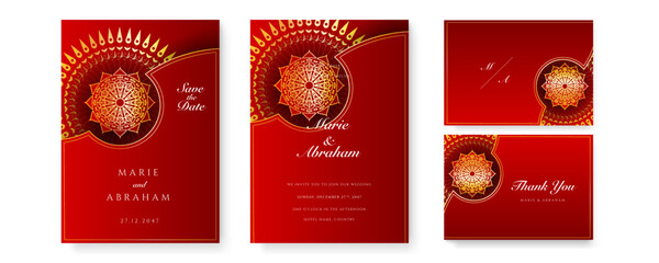 Royal red wedding invitation card design with golden mandala and abstract pattern