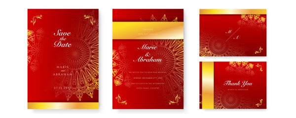 Royal red wedding invitation card design with golden mandala and abstract pattern