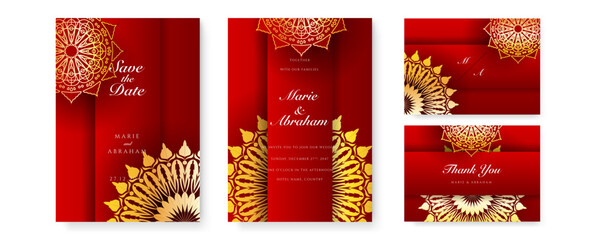 Royal red wedding invitation card design with golden mandala and abstract pattern