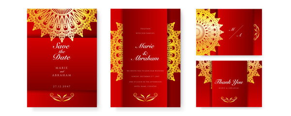 Royal red wedding invitation card design with golden mandala and abstract pattern