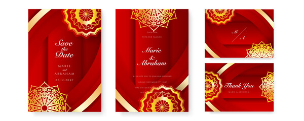 Royal red wedding invitation card design with golden mandala and abstract pattern