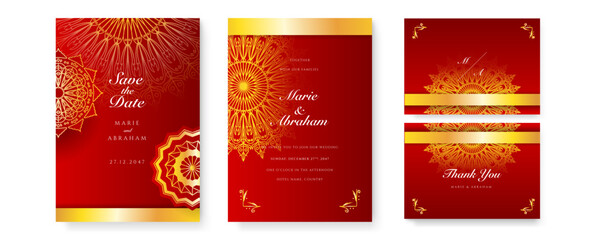 Royal red wedding invitation card design with golden mandala and abstract pattern